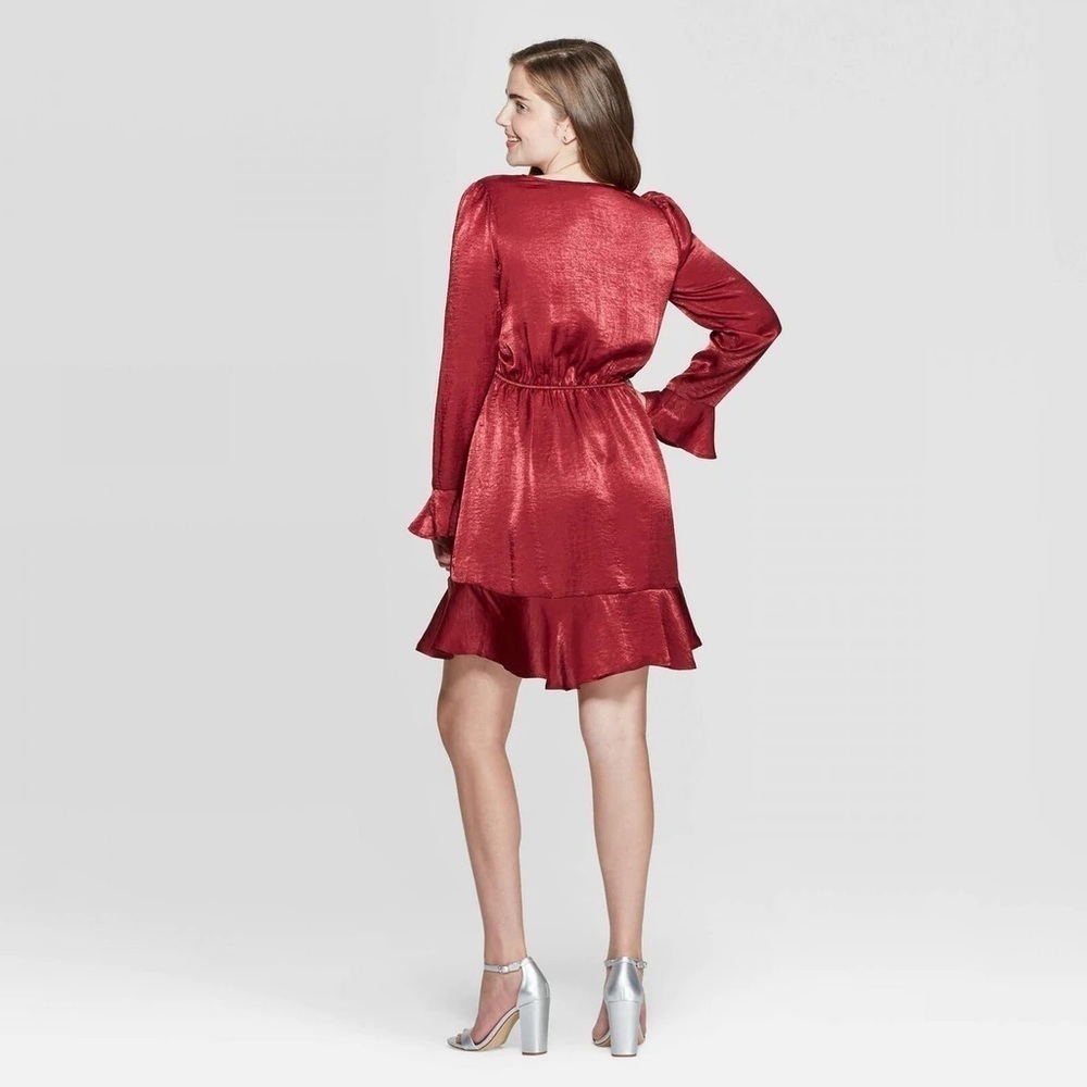 Long Sleeve‎ Deep V-Neck Satin Burgandy Wrap Mini Dress